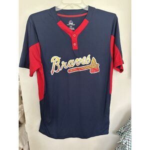 Mens Large Atlanta Braves Majestic Coolbase blue henley‎ jersey LARGE
